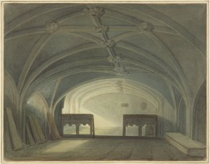 セント・ジョンズ教会の地下室、東側からオーク・スクリーンを見る（紙に水彩 作： Thomas Leeson the Elder Rowbotham
