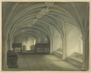 セント・ジョンズ教会の地下室から西を見る（紙に水彩画 作： Thomas Leeson the Elder Rowbotham