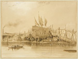 イースタンワッピングドック、「エイボン」の打ち上げ、1826年 作： Thomas Leeson the Elder Rowbotham