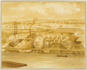 マーダイクから見たヒルハウスの新しいドック 作： Thomas Leeson the Elder Rowbotham