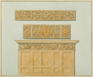 ラングトン邸のパネルとフリーズの一部、背面（紙に水彩画 作： Thomas Leeson the Elder Rowbotham