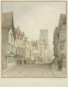テンプル教会の塔が見えるテンプルストリート（水彩・紙 作： Thomas Leeson the Elder Rowbotham