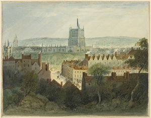 大聖堂、カレッジ・グリーン、カレッジ・ストリート（水彩・紙 作： Thomas Leeson the Elder Rowbotham