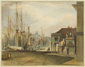 波止場から北側を見ると、旧コーンエクスチェンジが見えます。 作： Thomas Leeson the Elder Rowbotham