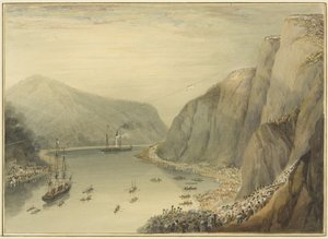 セント・ビンセント・ロックの間から見たコートニー氏の壮絶なフライトの様子 作： Thomas Leeson the Elder Rowbotham