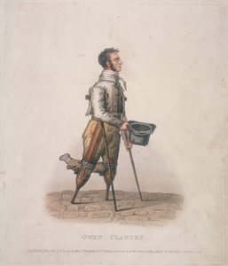 オーウェン・クランシー、帽子を手に、松葉杖をつき、足に器具をつけて物乞いをする、1820年