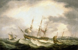 手で助けを借りてダウンズで漂流するスリーマスター（キャンバスに油彩） 作： Thomas Luny