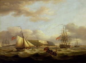 フリゲートの後方を通過するカッター、19世紀初頭、油彩・キャンバス 作： Thomas Luny