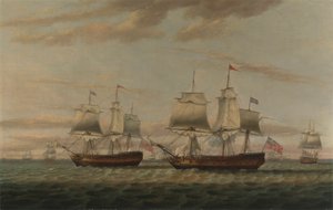インド人と 2 階建ての船乗りが、トーマス・デュマー、Esq と言われています。 HMで 1776 年、リーワード島の護送船団を運ぶ船「ポートランド」 作： Thomas Luny