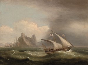 地中海での武装したゼベック、船尾から離れたイギリスのフリゲート、1822年 作： Thomas Luny