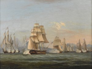 HMS スパルタン & フランスのフリゲート: 行動の開始、1810 年 5 月 3 日 (ナポリ湾) (キャンバスに油彩) 作： Thomas Luny