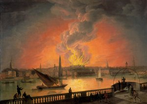 「ウェストミンスター橋から見たドゥルーリー レーン劇場の炎上」、c1809 作： Thomas Luny