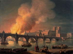 「ウェストミンスター橋とランベスからの国会議事堂の焼失」、1835 年