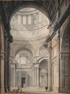 セント・ポール大聖堂の北入口からの内観（紙に水墨画） 作： Thomas Malton Jnr.