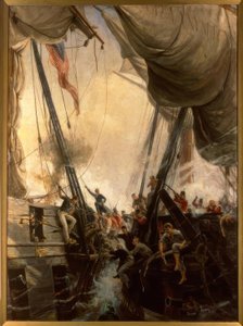 近接戦闘中のシャノンとチェサピーク、1813年-宝石。ヘミー、1895 作： Thomas Marie Hemy
