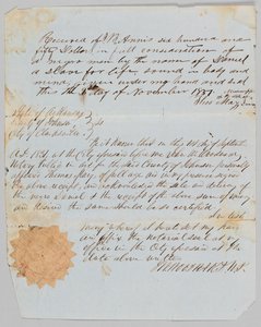1851 年 11 月 1 日、ダニエルという男性のジェローム B. アニス宛ての売渡証書。 作： Thomas May