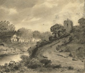 左手前に岩がある緑豊かな川の風景、1800年頃 作： Thomas Monro