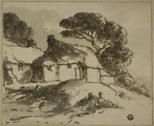 丘の上のコテージと木々 作： Thomas Monro