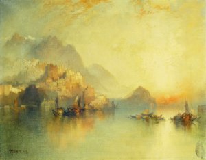 日没時の丘の上の村、1918 作： Thomas Moran