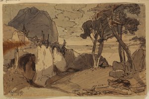 デッサン、山景色の中の道、1875年 作： トーマス・モラン