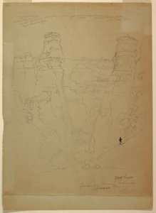 図面、コロラド州ムアブ・キャニオンの岩塔、1873年 作： トーマス・モラン