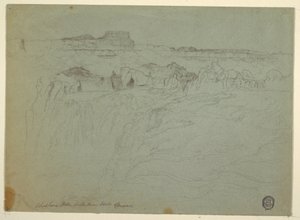 図面、アイダホ州スネーク・リバー、ショショーネ滝、1875年 作： トーマス・モラン
