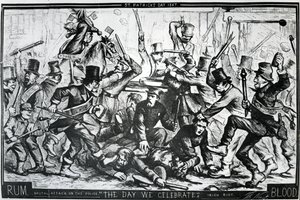 1867年4月6日、ハーパーズウィークリーで出版された1867年のセントパトリックスデーのニューヨークの暴動を描いた漫画（木の彫刻）