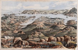 イギリス軍の包囲網、船員用砲台、ランカスター砲台からのセヴァストポリの眺め 作： Thomas Packer