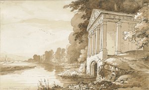 コルウィッチ-ウォルズリー橋近くの寺院：セピア色のウォッシュドローイング、nd [1837-1838]（ドローイング） 作： Thomas Peploe Wood