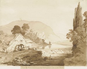 ダブデール-風景：セピア色のウォッシュドローイング、nd [1817-1845] 作： Thomas Peploe Wood