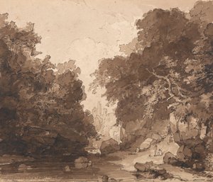ロズリン城 - 樹木が茂った川の風景 作： Thomas Peploe Wood