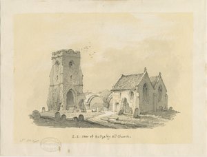 Rugeley Church（旧）：色付きの紙に描いたセピア色、nd [？1839]（図面） 作： Thomas Peploe Wood