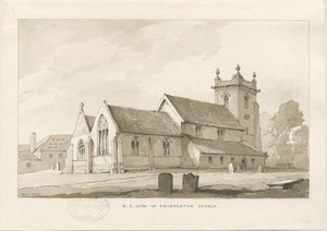 Swynnerton Church：セピアウォッシュドローイング、1838年 作： Thomas Peploe Wood