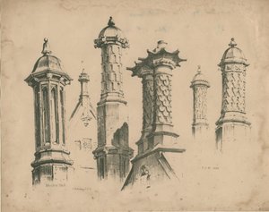 シックブルームホール[「マンレーホール」]-フィニアルと煙突：リトグラフ、1838 作： Thomas Peploe Wood
