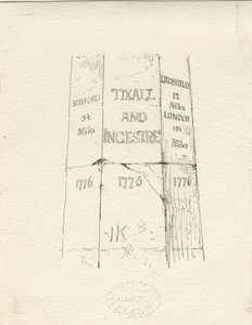 ティクソール-マイレージを示す石の柱：ペンとインクの描画、nd [19世紀半ば]（描画） 作： Thomas Peploe Wood