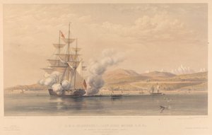 スークーム・カレ・アバシア沖に停泊中のH.M.S.ハイフライヤー少佐ジョン・ムーアC.B.ら、出航するオマール・パシャ（1855年10月