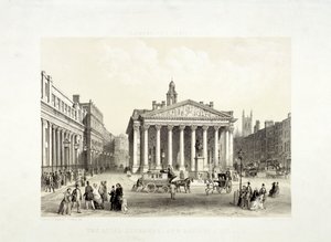 王立取引所と左手にイングランド銀行、1851年、ロンドン 作： Thomas Picken