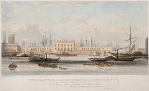 「The Blackwall Railway Terminus and Brunswick Pier」、ブラックウォール、ポプラ、ロンドン、c1840 作： Thomas Picken