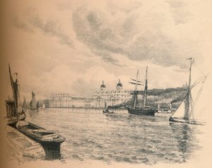 川からのグリニッジ宮殿、1902 作： Thomas Robert Way