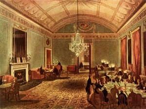 「ブルックス、セント ジェームズ ストリート、ロンドンのグレート サブスクリプション ルーム」、1808 年、1947 年。作成者: トーマス ローランドソン、オーガスタス チャールズ ピュージン。 作： Thomas Rowlandson, Augustus Charles Pugin