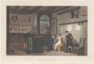 Boot & Shoe Shop、Scarborough の詩的スケッチ、1813 年、1813 年。作成者: Thomas Rowlandson、Joseph Constantine Stadler、J. Bluck