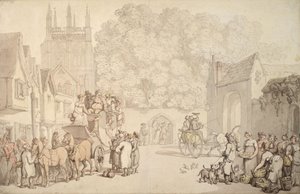 カンタベリー門を離れる準備をしているコーチ、オックスフォード、クライストチャーチ、c.1810-15