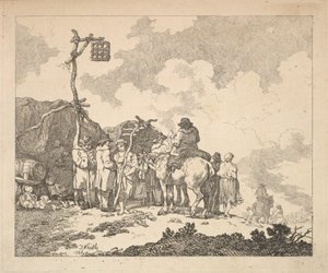 フェア-ジプシーのグループ-2つの間に合わせの前で素朴な服を着た男性と女性...、1786年。 作： Thomas Rowlandson
