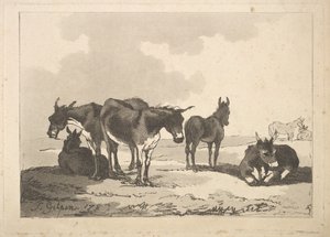 5ロバのグループ、3つ立って、2つ横になって、1783-87。 作： Thomas Rowlandson
