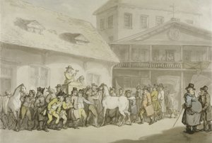 ホプキンスのリポジトリ、バービカン、c.1798-1800での馬の販売（ペン、インク、紙に水彩） 作： Thomas Rowlandson
