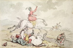 狩猟事件」（紙にペンとインクと水彩画） 作： Thomas Rowlandson