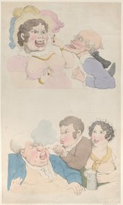 女性に誘惑され、顧客を喫煙する男性、1800 ., 1800 . 作： Thomas Rowlandson