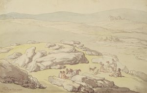 ダートムーアでのピクニック（ペンとインク、紙に水彩） 作： Thomas Rowlandson