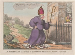 1809 年 2 月 27 日、サリーからグロスター プレイスまたはエクスタシーの司教への巡礼。 作： Thomas Rowlandson