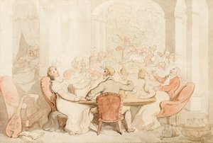 カントリーハウスで騒々しい昼食（紙にインクとカラーウォッシュ） 作： Thomas Rowlandson